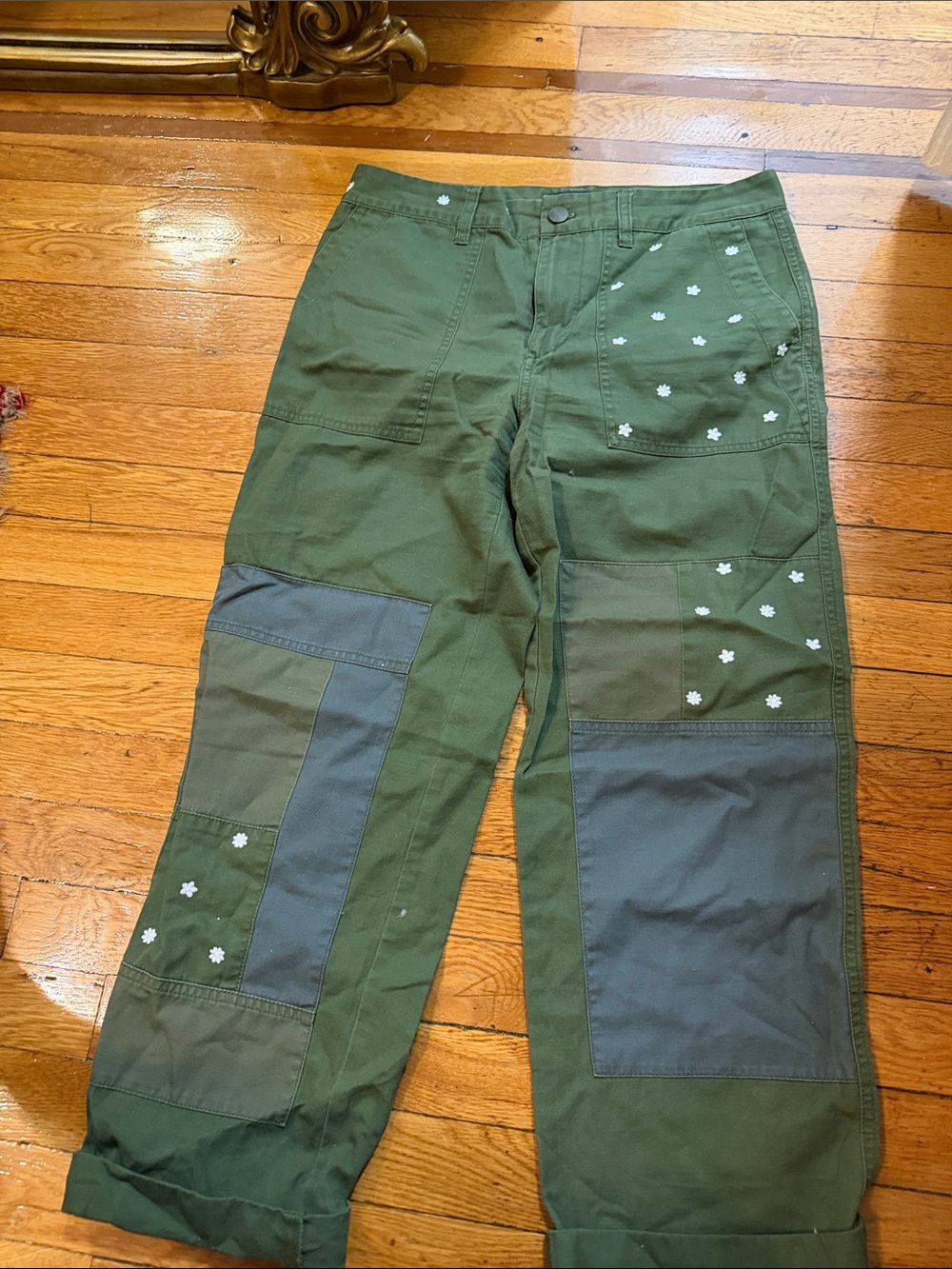 J. Crew Olive Green Patchwork Cargo Pants with Dark Green Panels